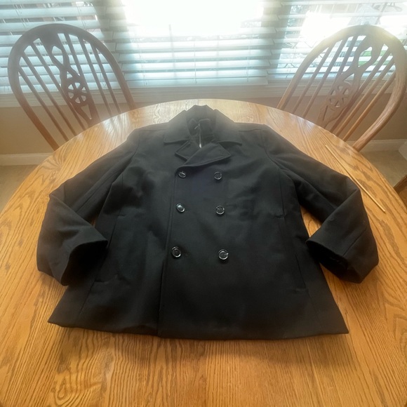 Cole Haan Men’s Black Wool Blend Coat w Removable Sweater Bib Collar L VGUC - Picture 1 of 15